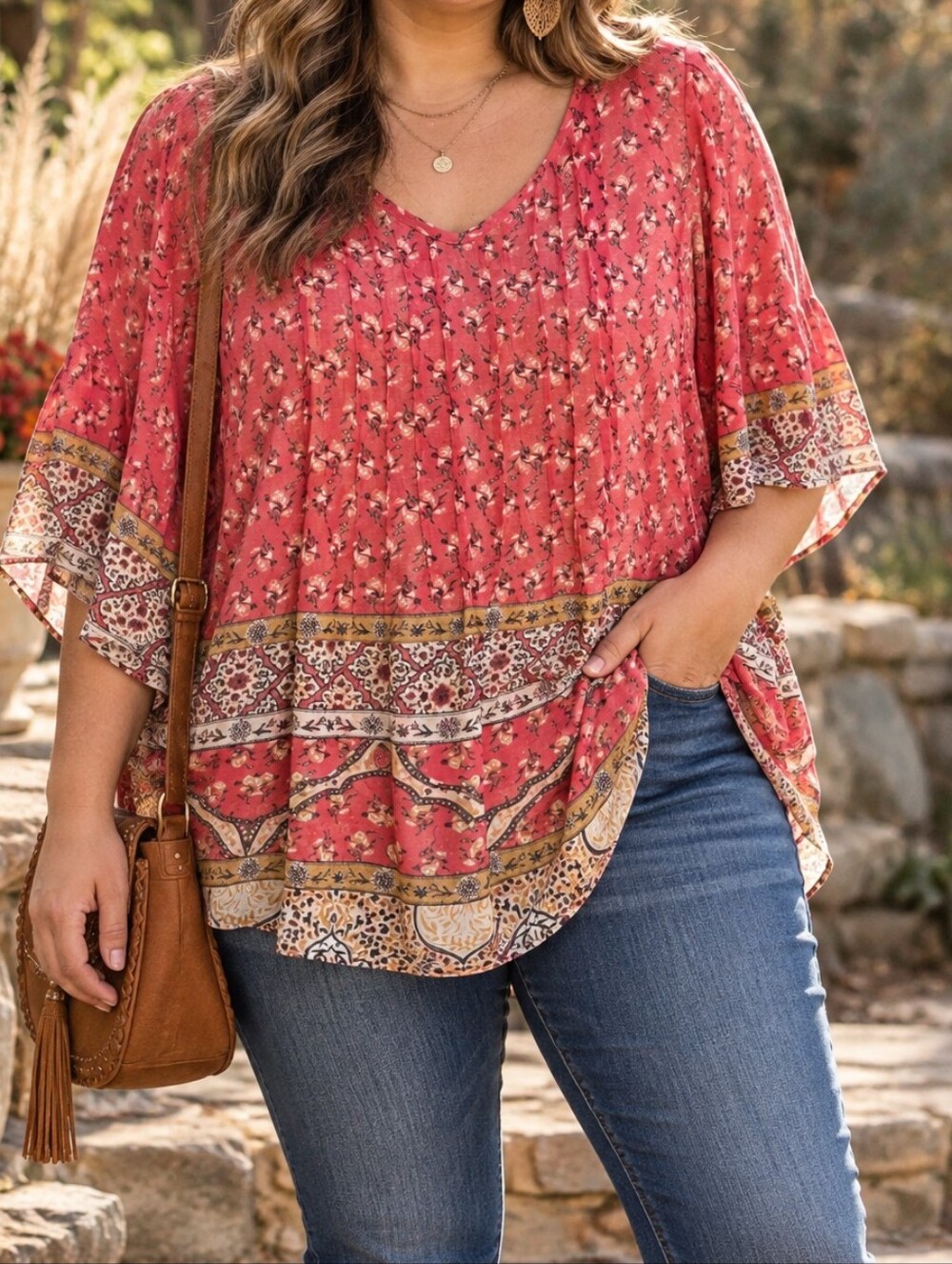 Style & Co. Coral Pink Floral Boho V-Neck Blouse Border Print Flutter Sleeve